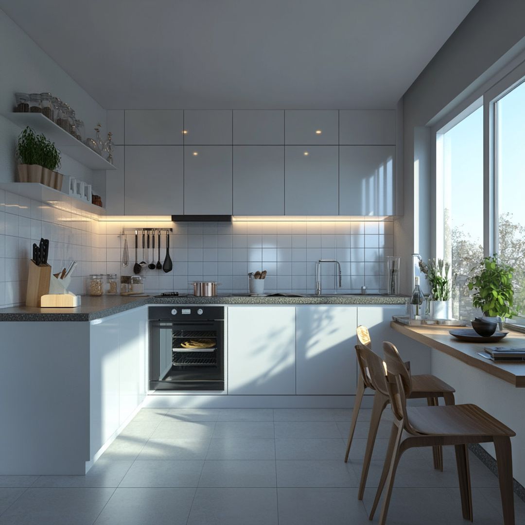 Contemporary L-Shaped Kitchen Design with Glossy White Cabinets and ...