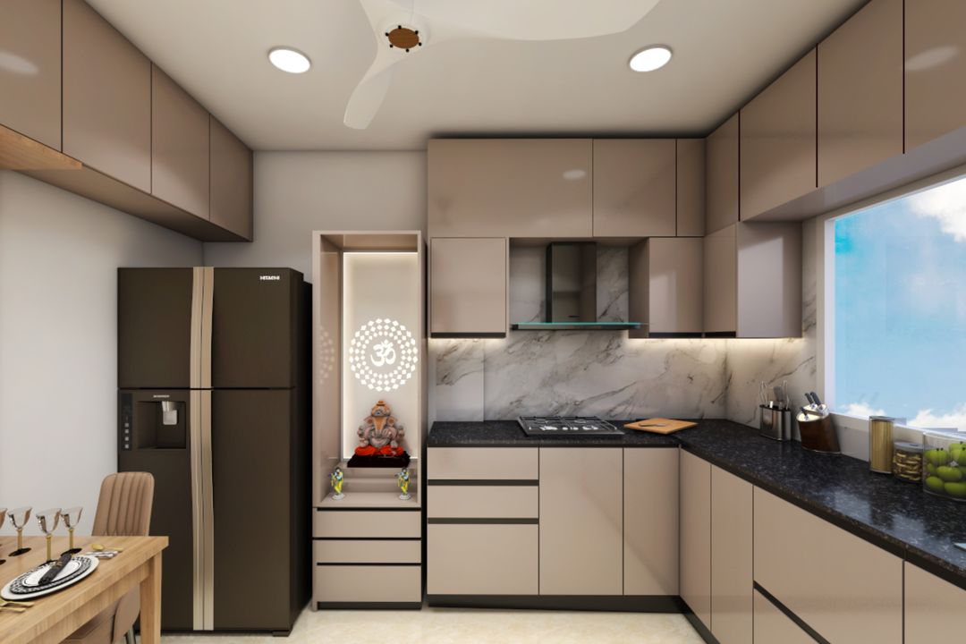 Contemporary U-Shaped Kitchen Design With Marble Backsplash and Granite ...