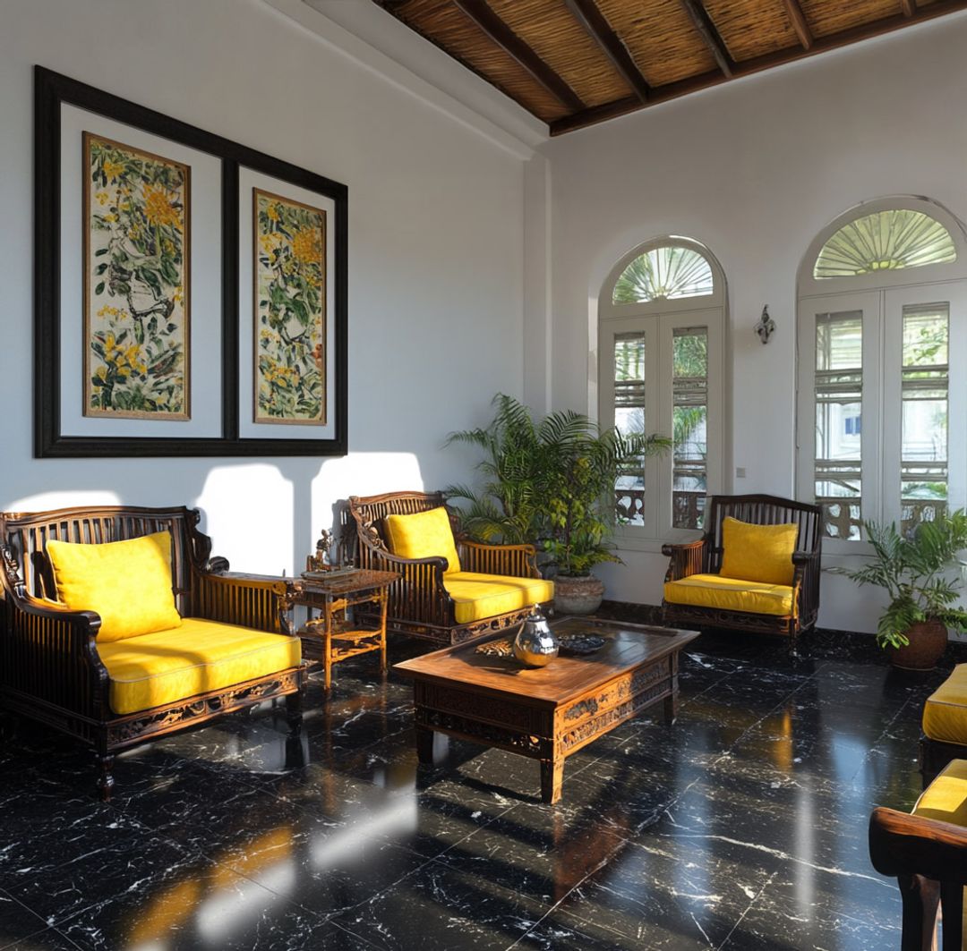 Indian Traditional Living Room Design with Arched Windows and Marble ...