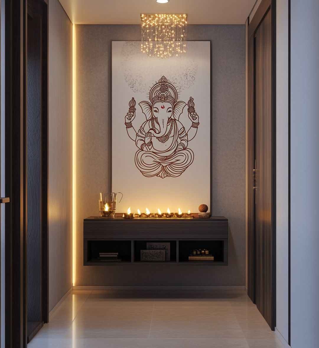 Wall-Mounted Modern Pooja Unit Design with Floating Shelf and Ganesha ...
