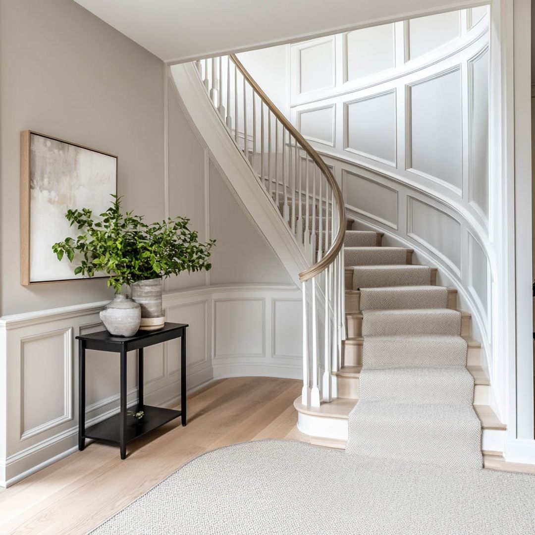Classic Curved Staircase Design Featuring Hardwood and Painted Details ...