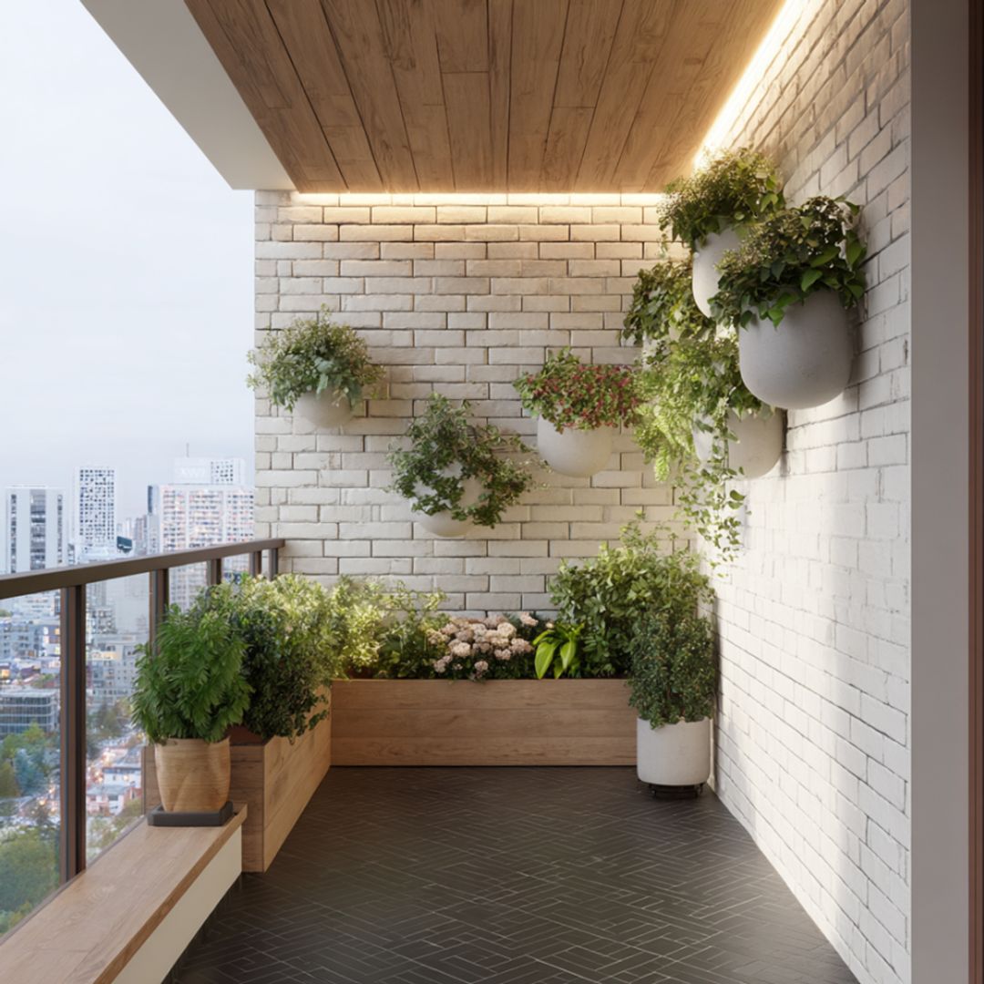 Modern Balcony Design Featuring Built In Benches And Vertical Green Photo Inspiration