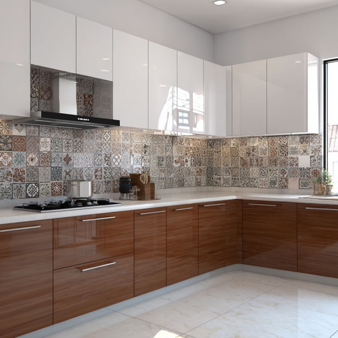 L-Shaped Modern Kitchen Design With High Gloss Cabinets and Vertical ...