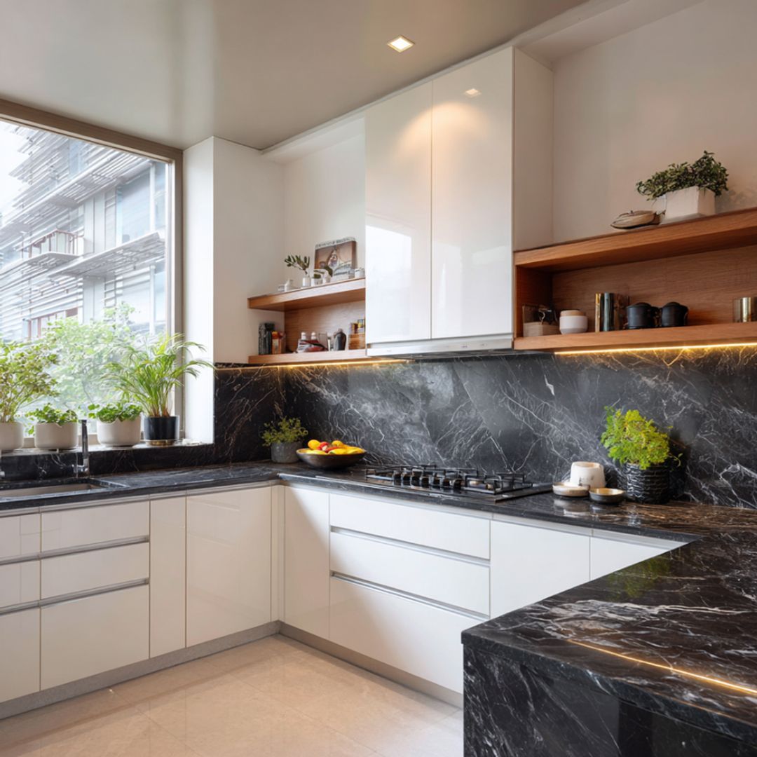 U-Shaped Modern Kitchen Design with Open Shelves and Built-In Coffee ...