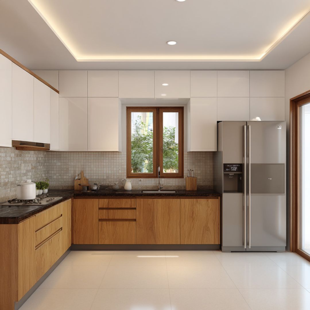 White and Walnut Contemporary L Shaped Kitchen Design with Marble ...