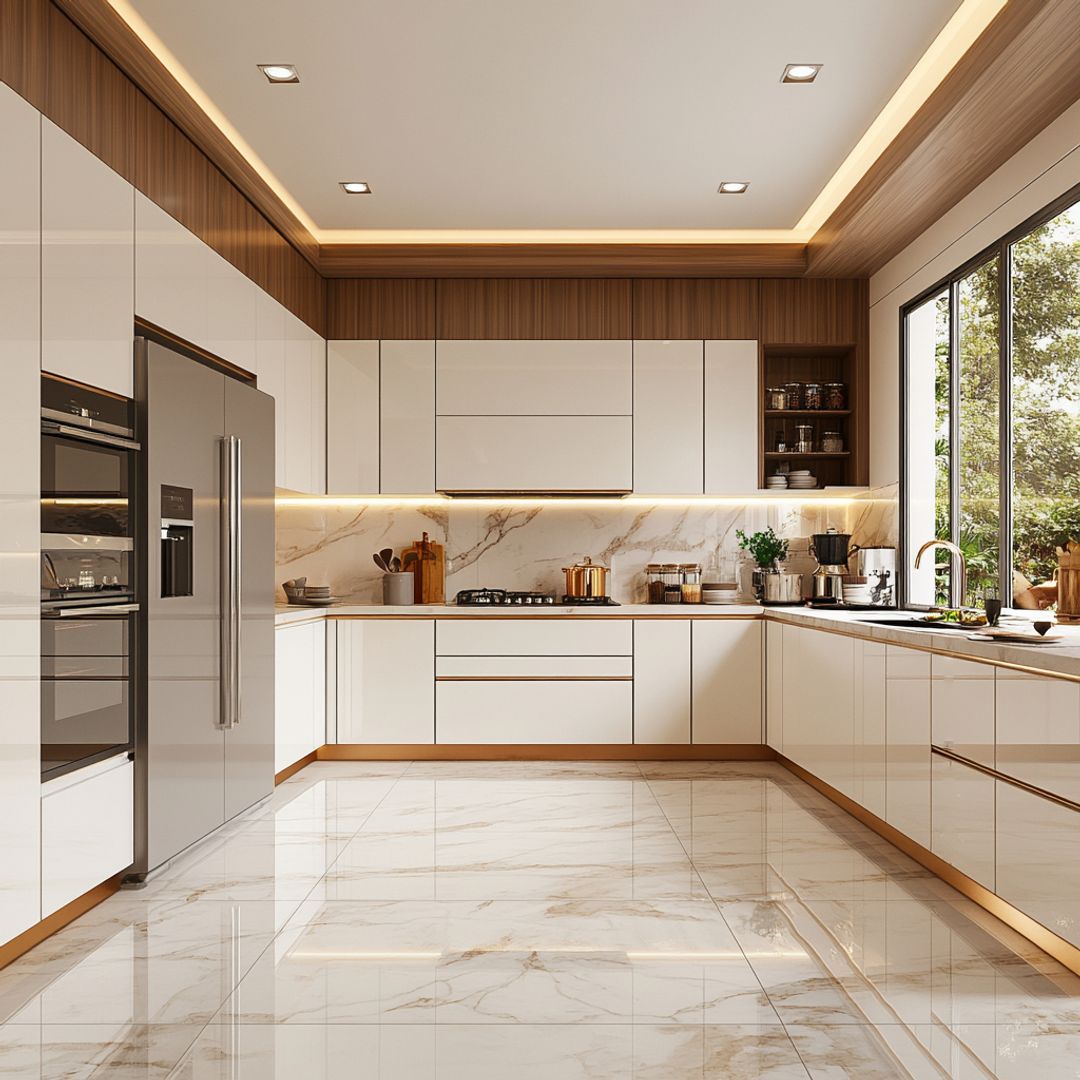 White and Walnut U-Shaped Modern Kitchen Design with Marble Countertop ...