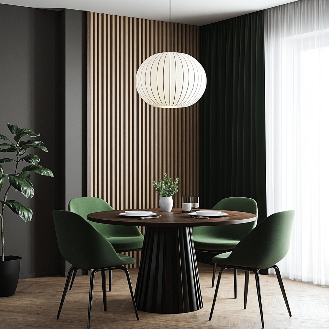 Dining Room Design with Modern Dark Wood Table and Green Upholstered ...
