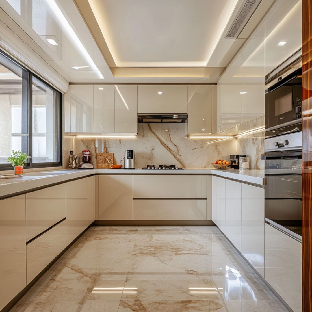 Modern U-Shaped Kitchen Design with Irish Cream Units with Quartz ...
