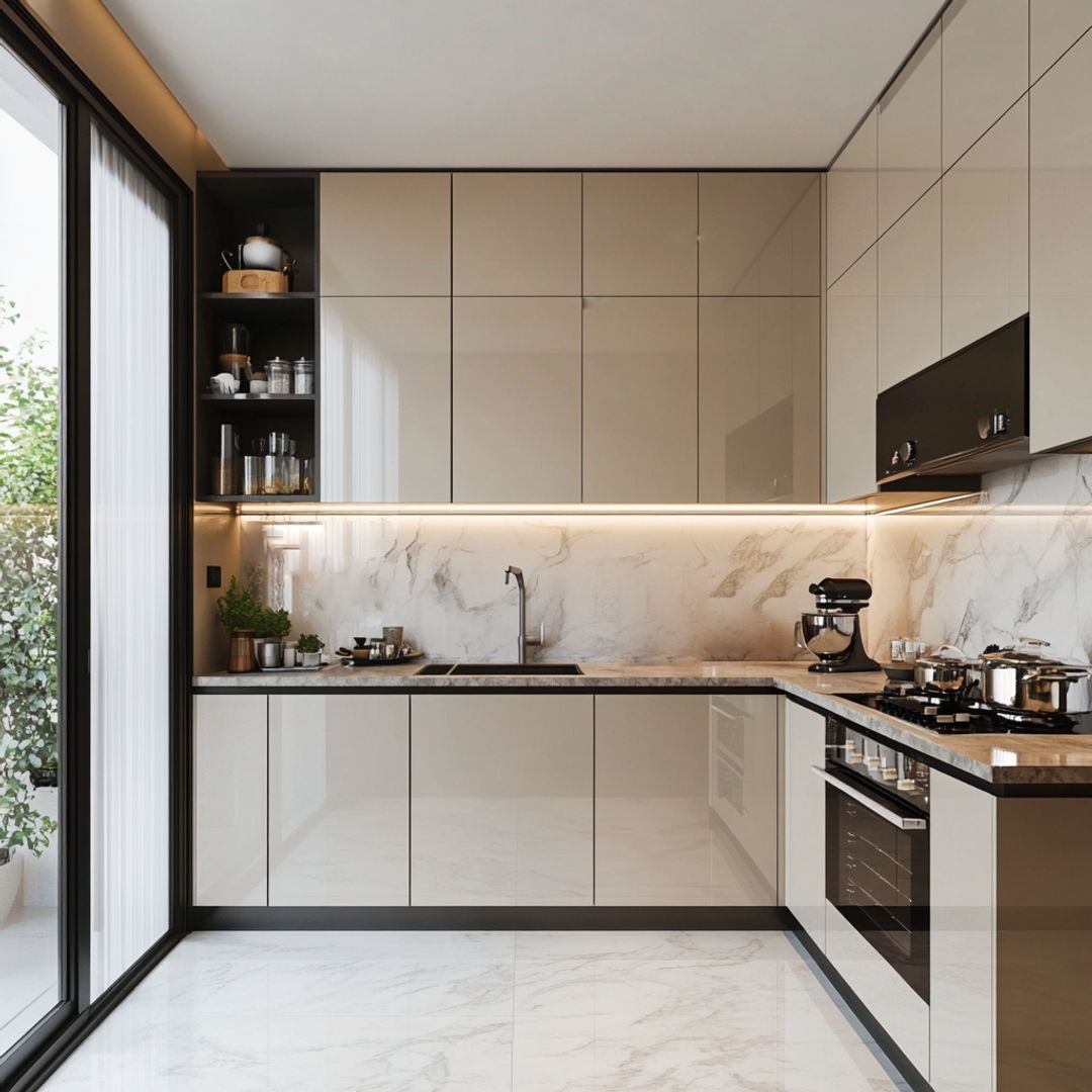 L-Shaped Modern Kitchen Design with High Gloss Irish Cream Laminate and ...