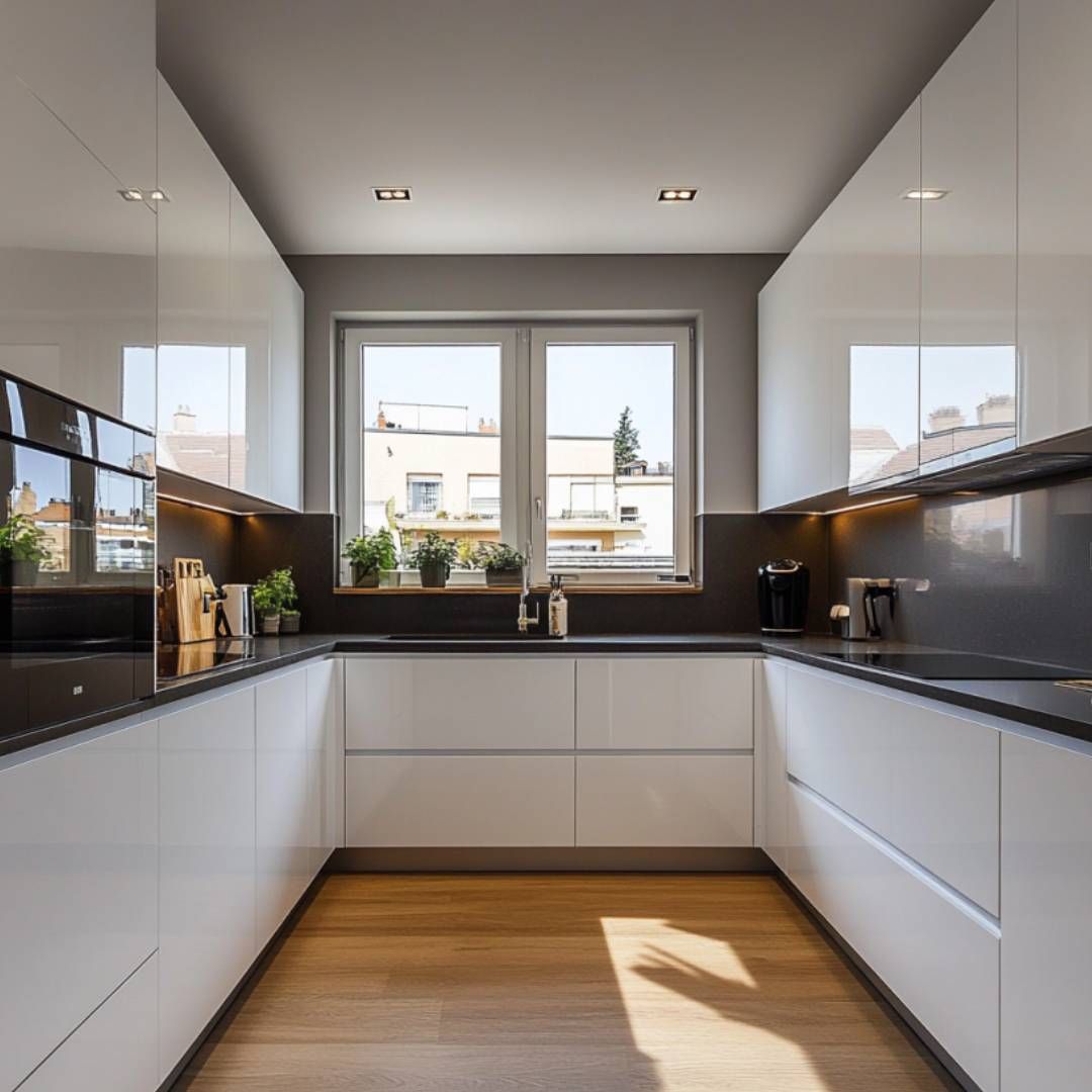 Modern White U Shaped Kitchen Design with Glossy Finish and Granite Top ...
