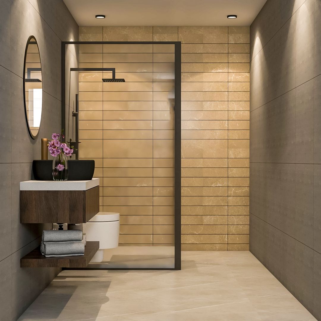 Grey And Brown Bathroom Design With Suede Finish Unit | Livspace