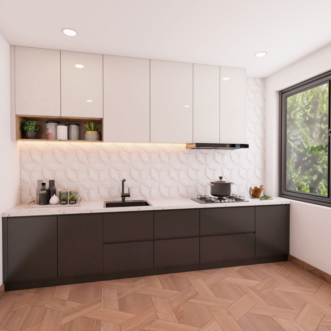 Black And White Straight Kitchen Design With Contemporary Aesthetics ...
