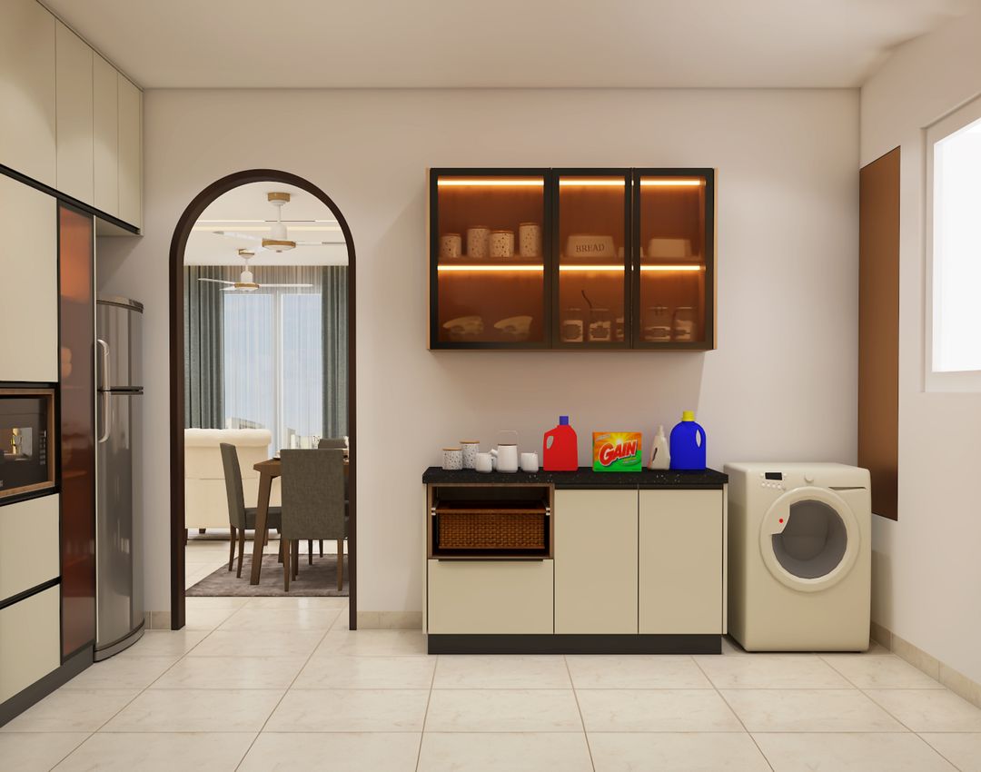 L-Shaped Contemporary Kitchen Design with White and Walnut Cabinets ...