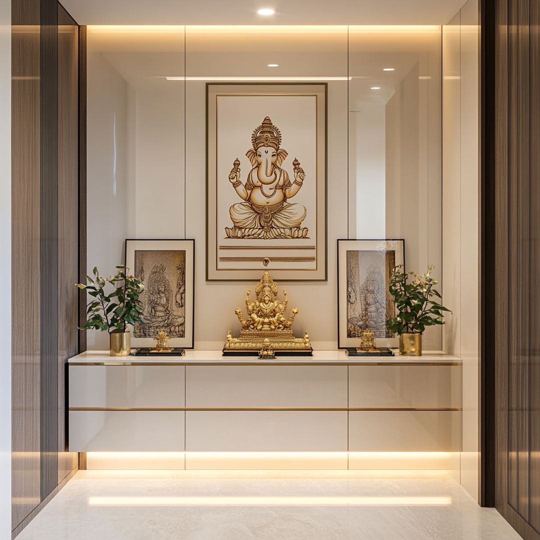 White Modern Pooja Room Design with Drawer Cabinets and Golden Handles ...