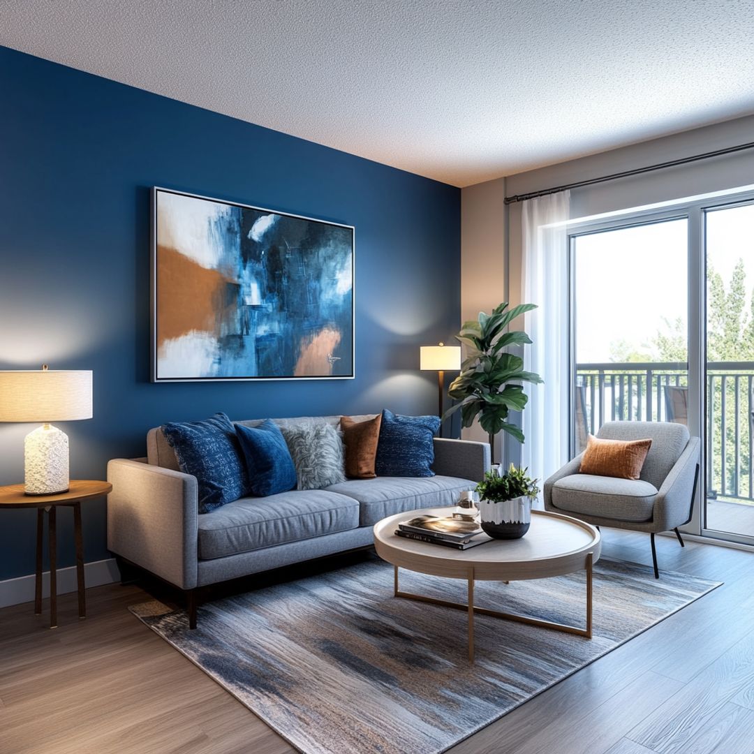 Contemporary Living Room Design with Grey Sofa, Blue Wall, and Wooden ...