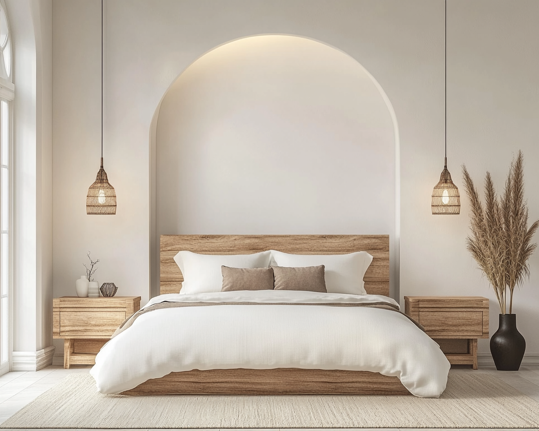 King Wooden Bed, POP Wall Arch and Neutral Tones in Scandinavian Master