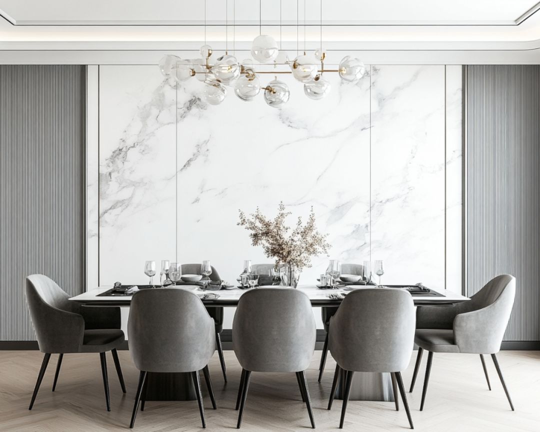 Dining Room Design with Contemporary Marble Top Table and Plush Grey ...