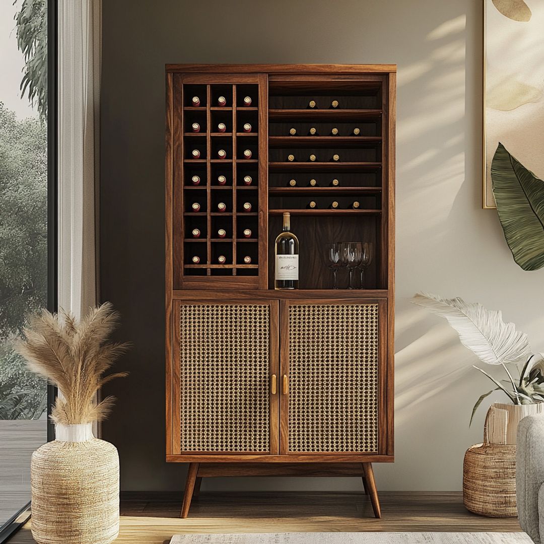 Mid-Century Modern Home Bar Design With Textured Accents and Wine Rack ...
