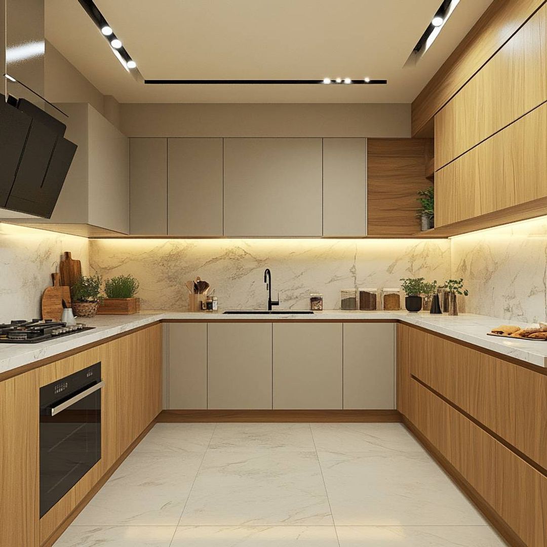 U-Shaped Kitchen Design With Contemporary Grey Cabinets and Marble ...