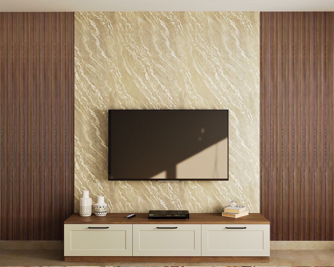 Beige Modern TV Unit Design with Vertical Cabinets and Marble-Like Wall ...