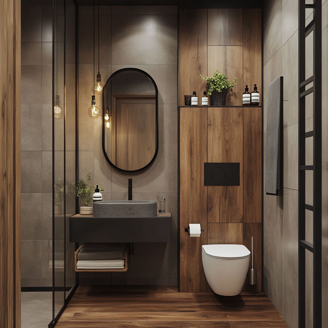 Grey and Wood Modern Bathroom Design with Floating Vanity, Open Storage ...
