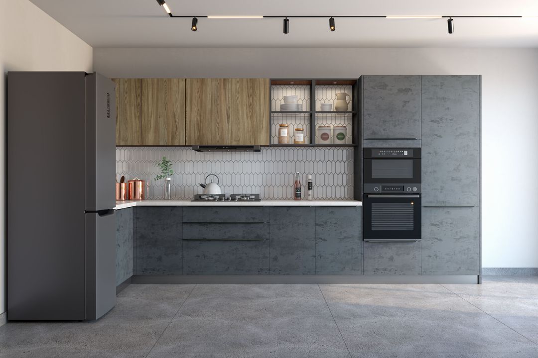 L-Shaped Industrial Kitchen Design with Suede Laminate Finish and White ...