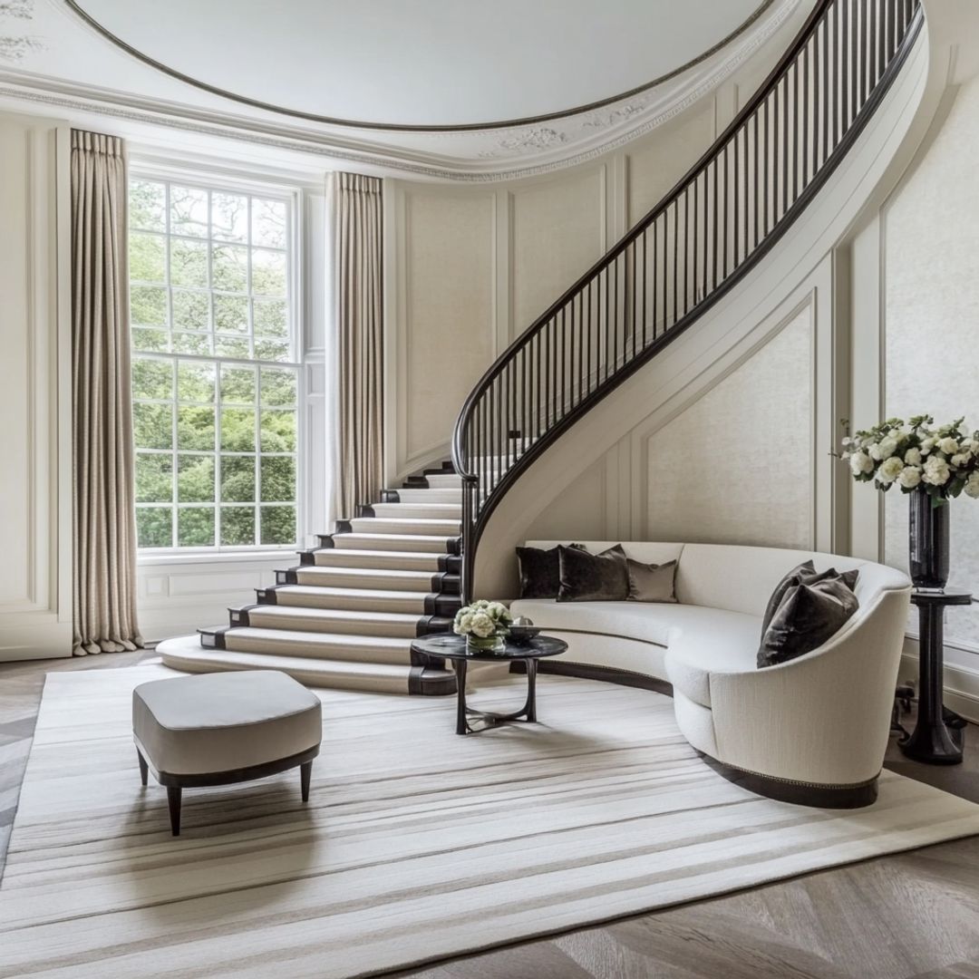 Curved Staircase Design with Classic Black Marble and Plush Carpet ...