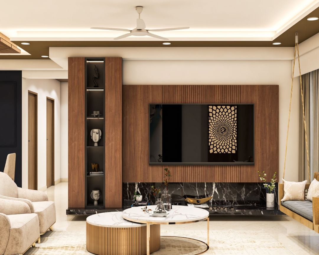 High-Gloss Black Modern TV Unit Design with Shelving and Marble ...