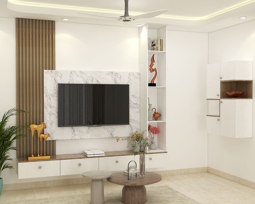 Frosty White with Walnut Bronze Modern TV Unit Design with Laminate ...
