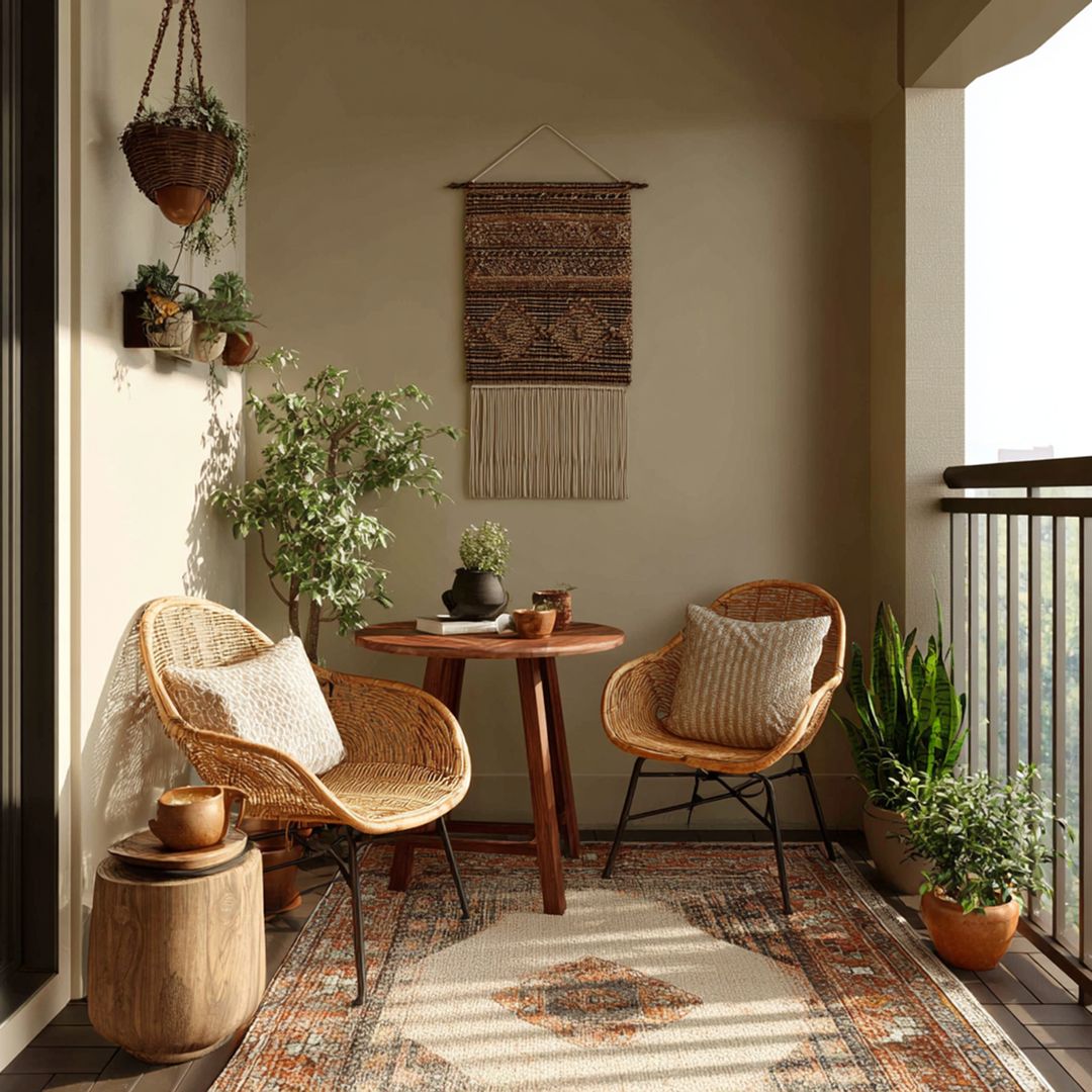 Bohemian Balcony Design With Rattan Seating and Floating Plant Shelf ...