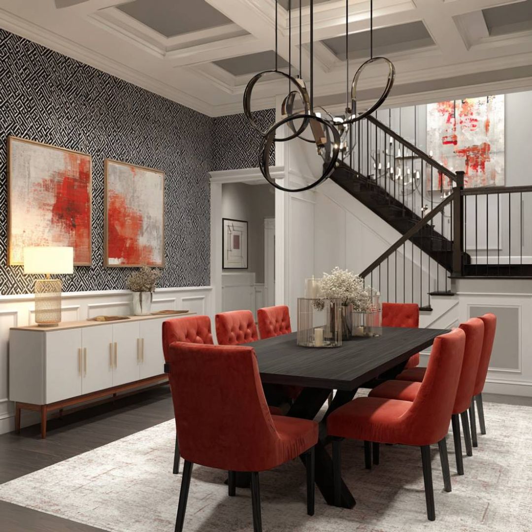 8-Seater Contemporary Dining Room Design with Red Velvet Seating and ...