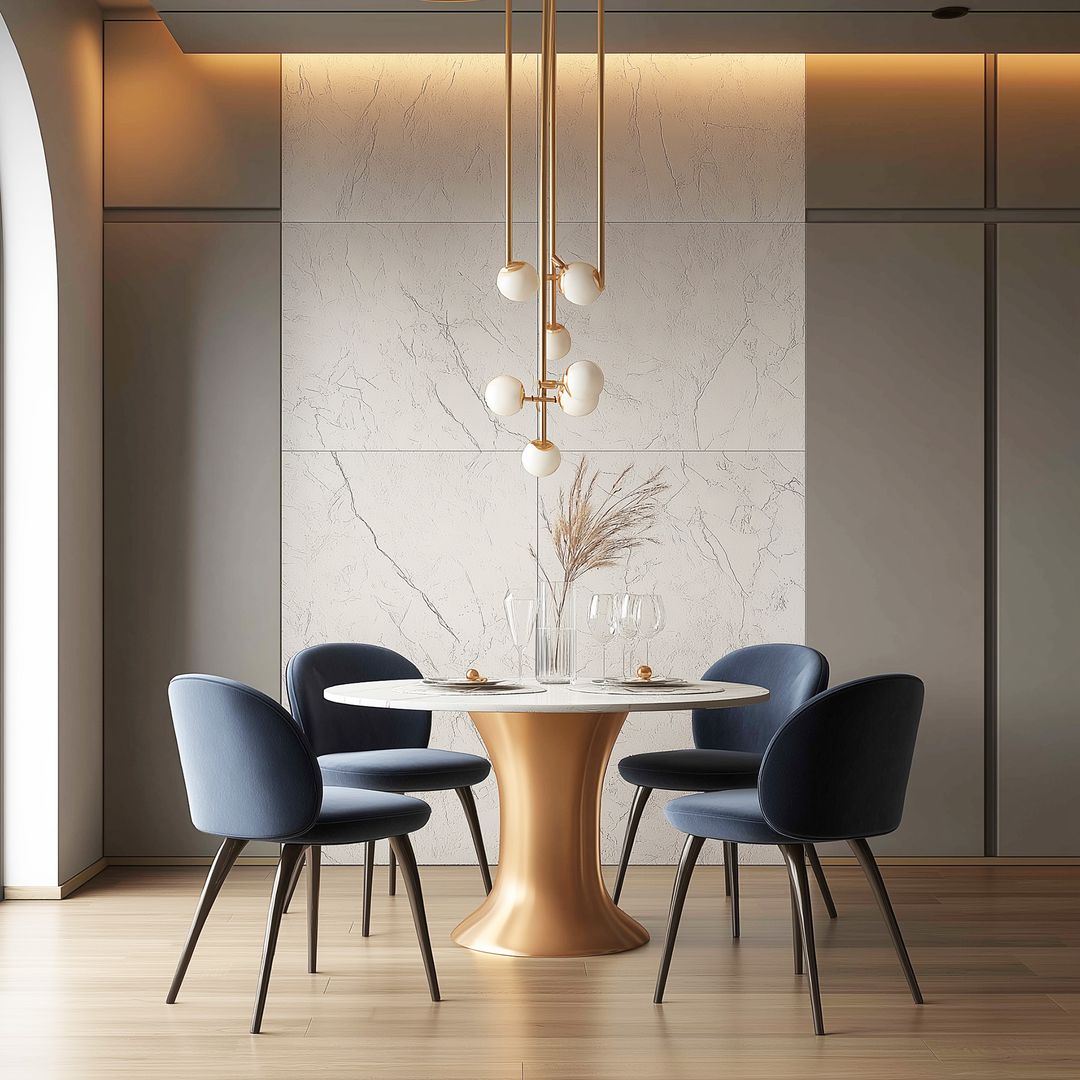 Modern 4-Seater Dining Room Design with Marble Table and Blue ...
