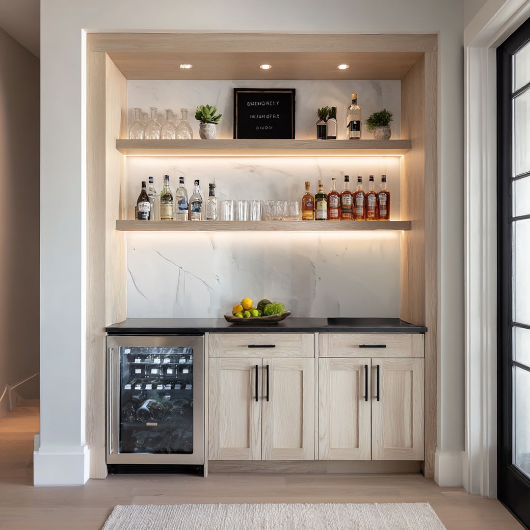 Traditional Home Bar Design with Warm Wood Finish and Open Shelving ...