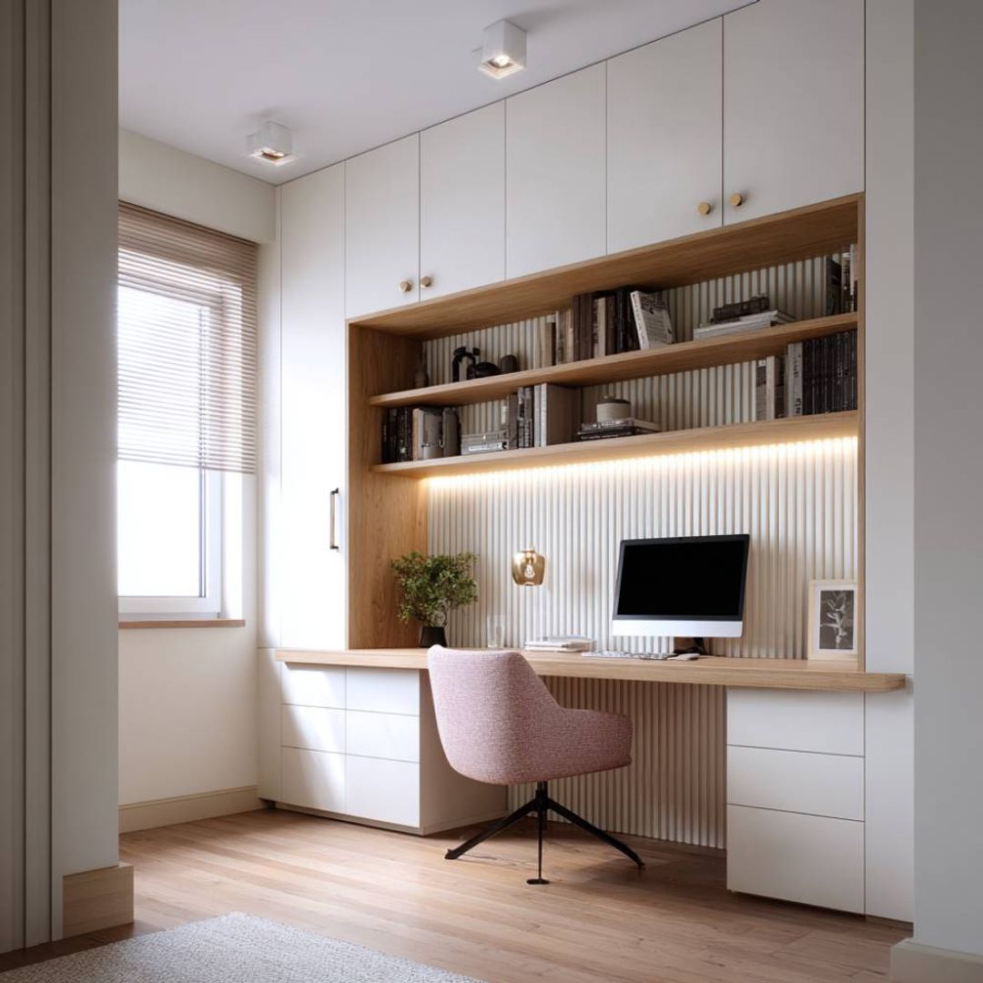 Modern Acacia and White Home Office Design with Fluted Panels | Livspace