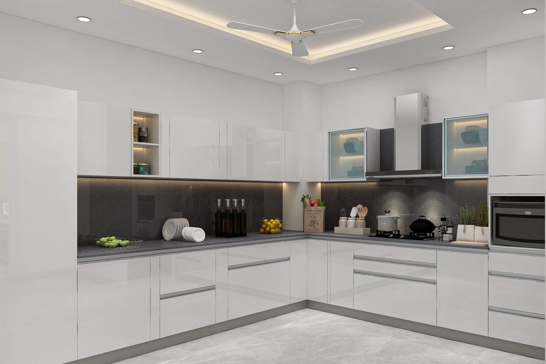 L-Shaped Modern Kitchen Design with Glossy White Cabinets and Quartz ...