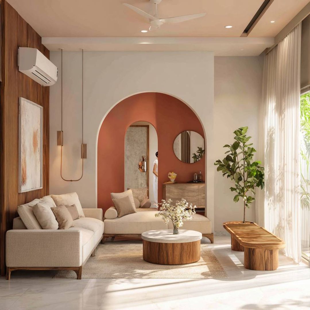 Modern Cream Lounge Living Room Design with Arched Entryway | Livspace