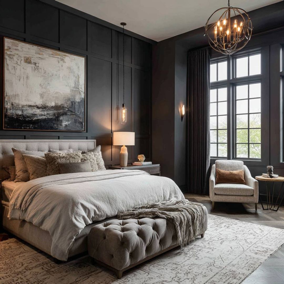 Contemporary Master Bedroom Design with Dark Panelled Walls and ...