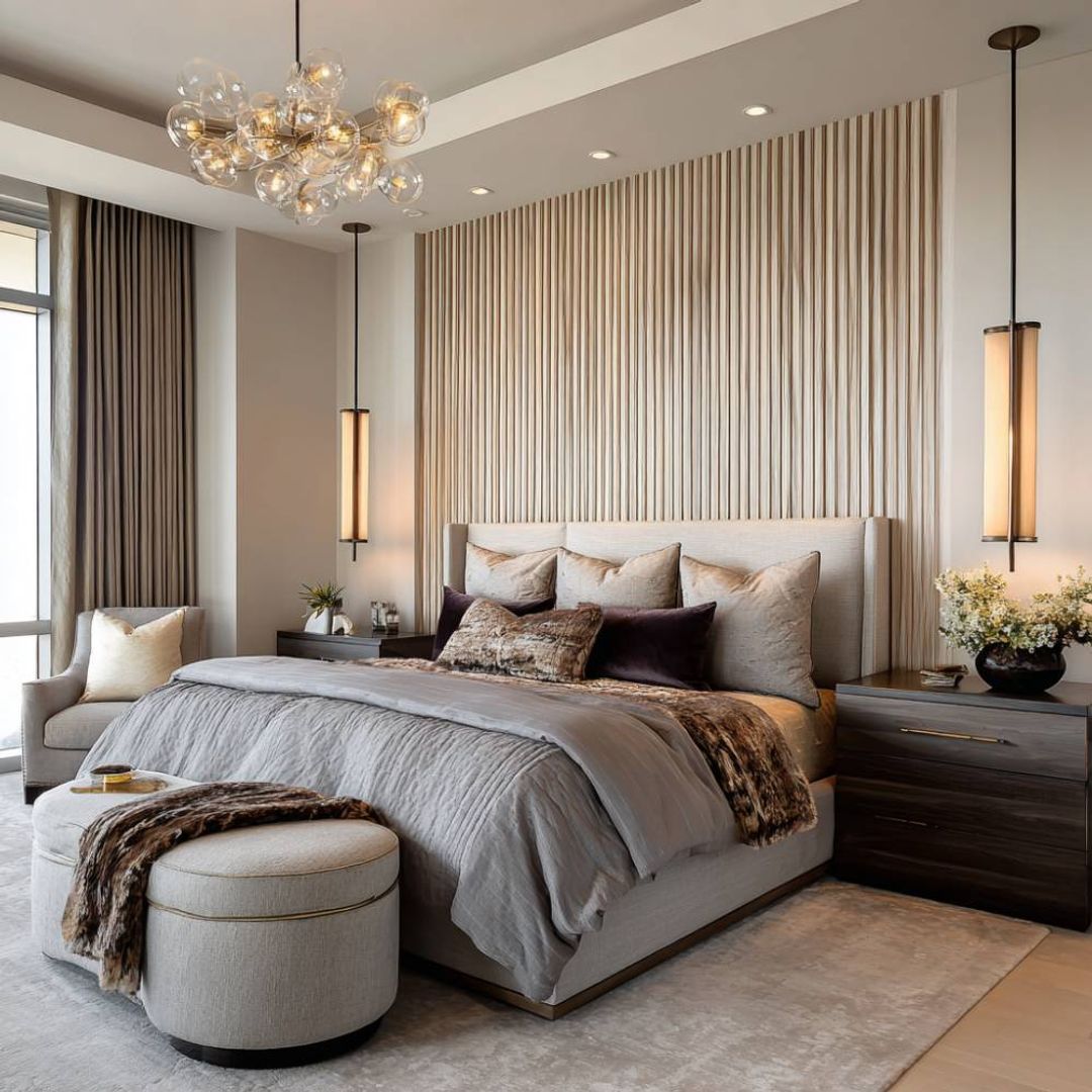 Modern Master Bedroom Design with Timber Slat Wall, Ottoman Bench and ...