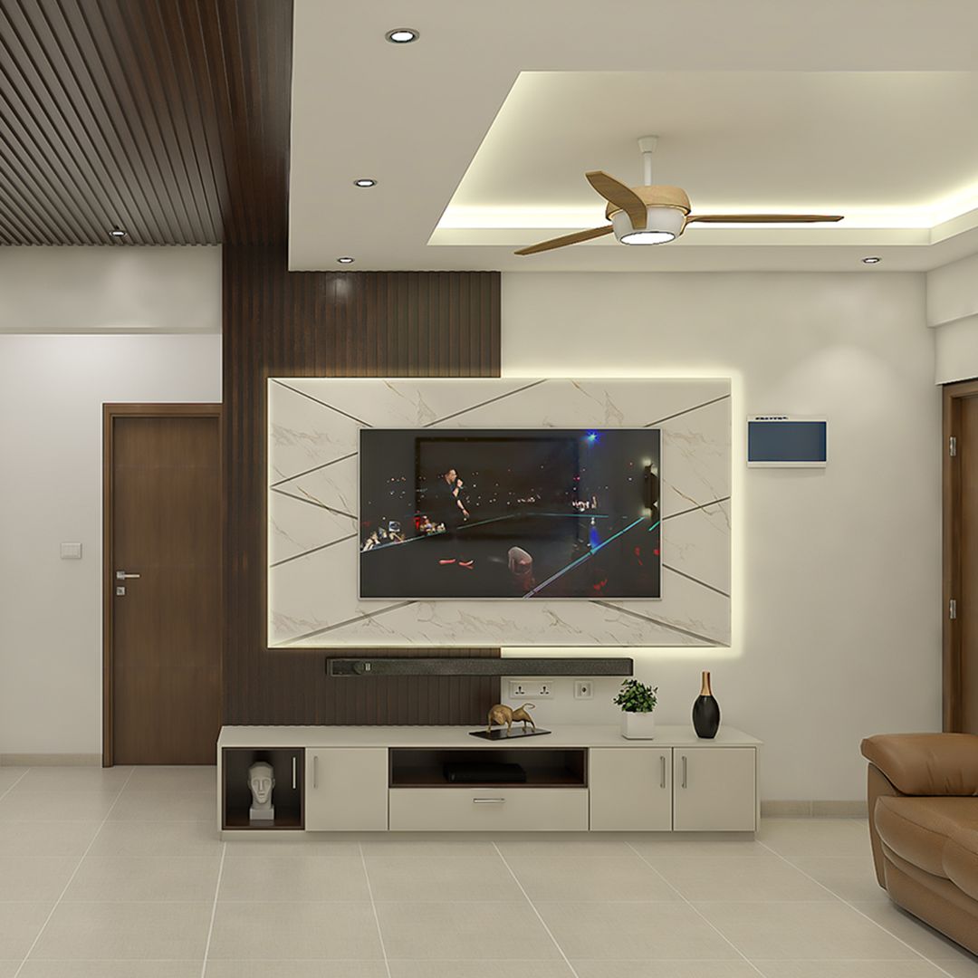 Modern White TV Unit Design Featuring Floating Shelves and Concealed ...