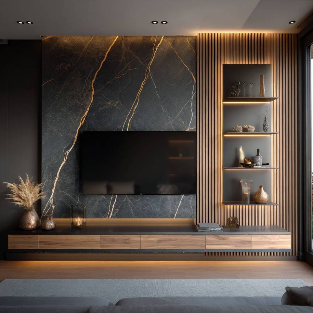 Walnut and Grey Contemporary TV Unit Design with Wooden Wall Shelf and ...