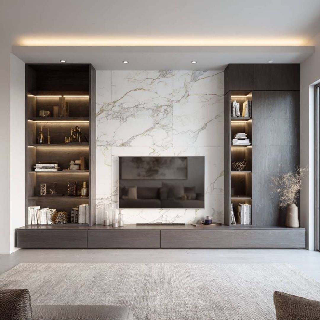 Contemporary Grey and Bronze TV Unit Design with Marble Wall Panel and ...