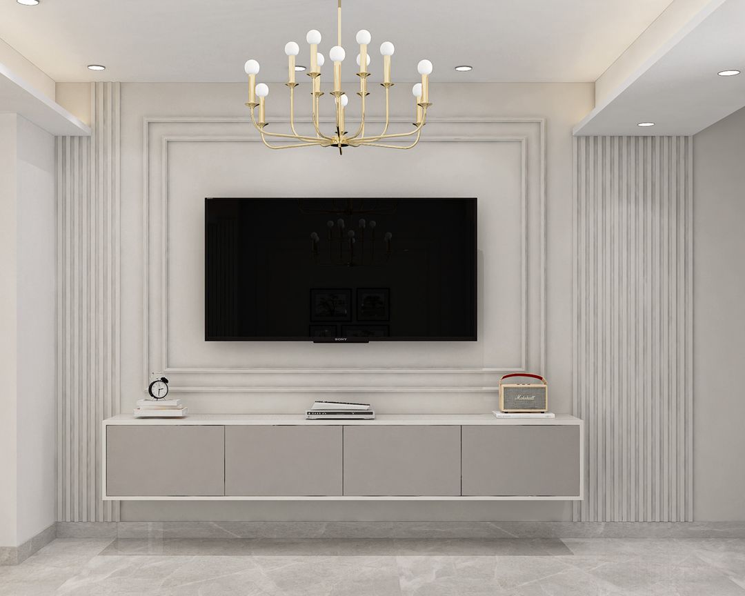 Classic Grey and White TV Unit Design with Fluted Panels and Floating ...