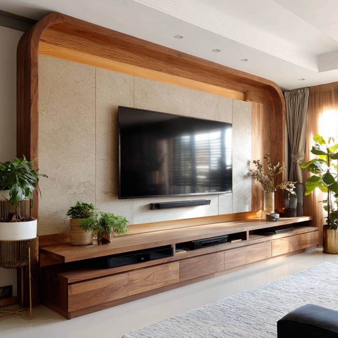 Teak Contemporary TV Unit Design with Wooden Drawers and Stone Backdrop ...