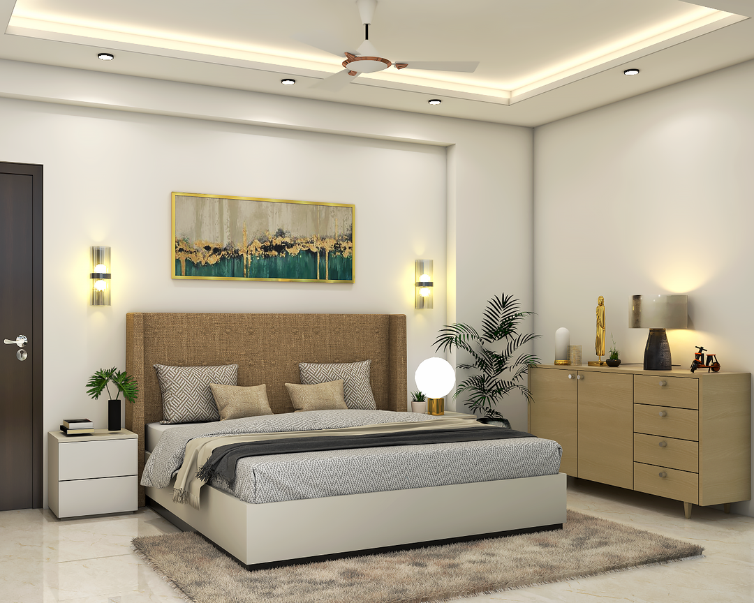 Contemporary Bedroom With Beige Tufted Headboard And Wall Art | Livspace