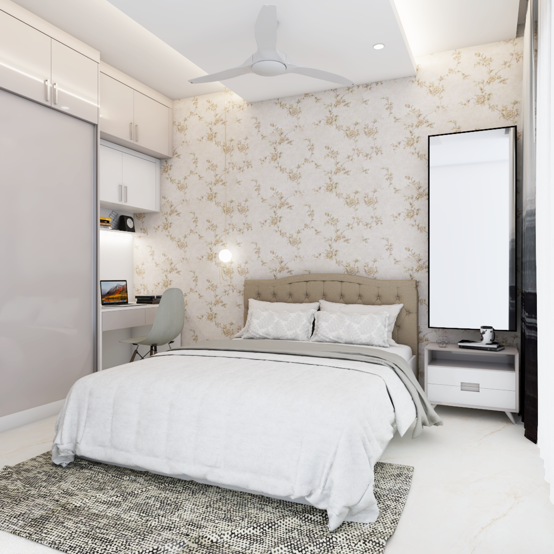 View of White And Brown Wallpaper Design For Bedrooms | Livspace