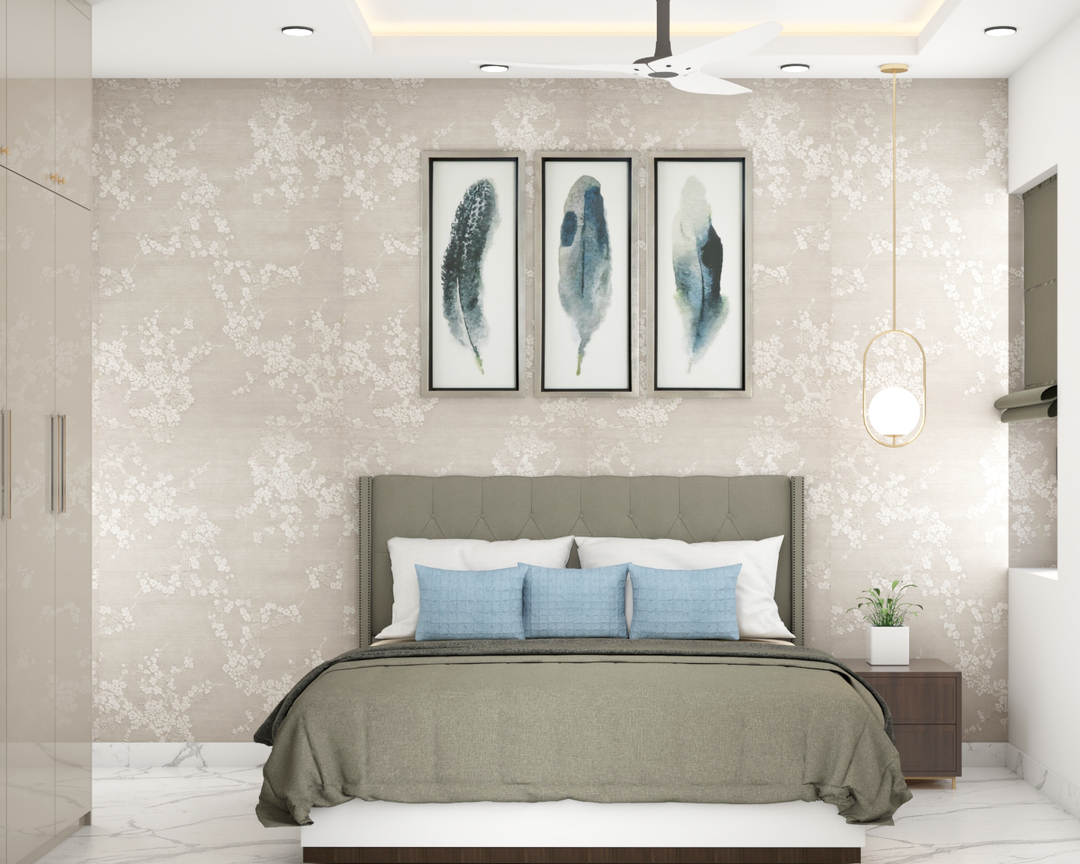 Contemporary Bedroom With Beige Textured Wall And Grey Tufted Bed ...