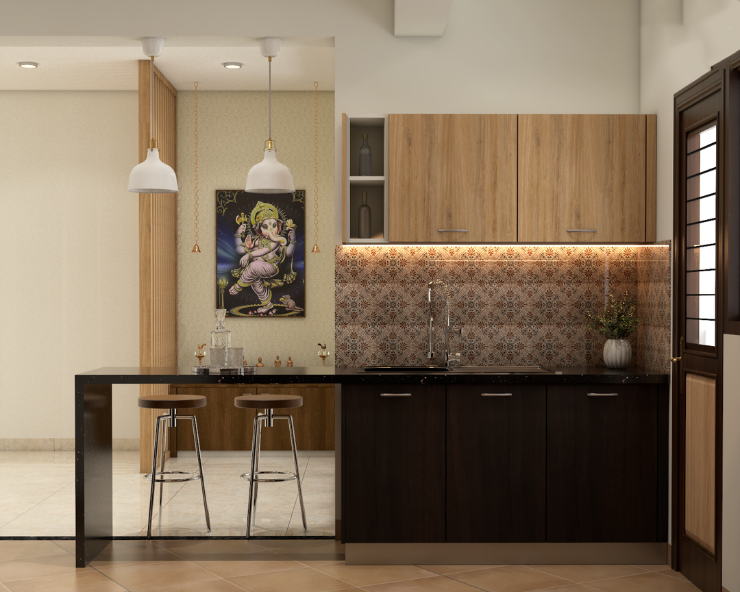 Brown Modern Kitchen Design With Cabinet Lights | Livspace