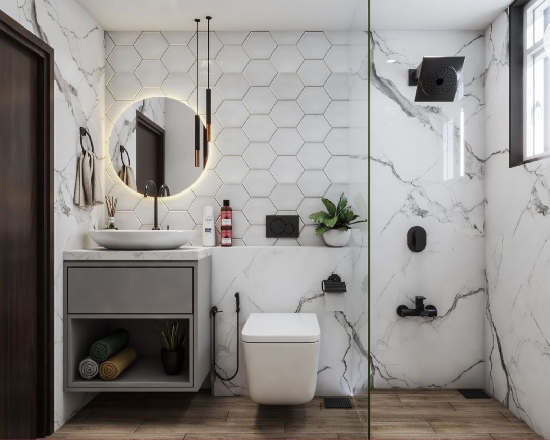 Contemporary White Marble Bathroom Design With Hexagonal Wall Tiles