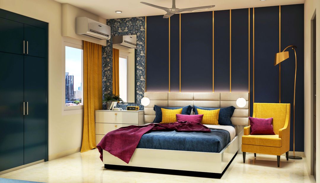 Blue Painted Wall Design With Gold Inlays | Livspace