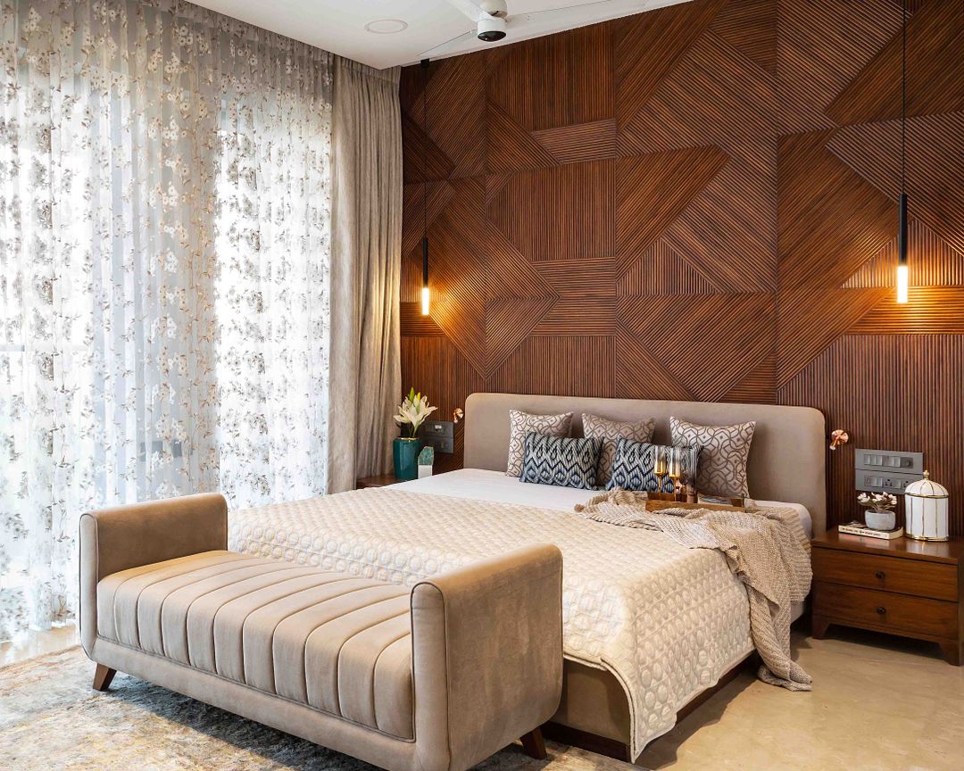 Modern Brown MDF Wall Panelling with Solid Wood Accents | Livspace